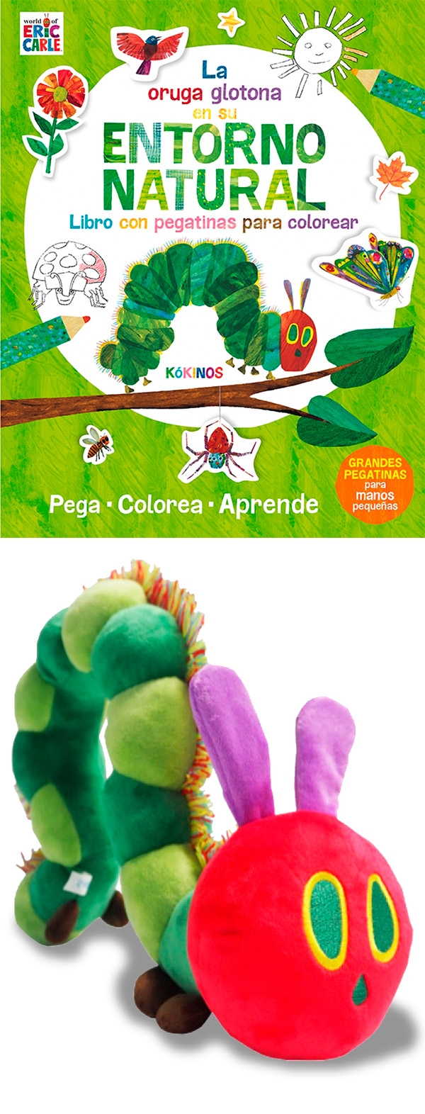 LA ORUGA GLOTONA EN SU ENTORNO NATURAL. STICKERS + PELUCHE